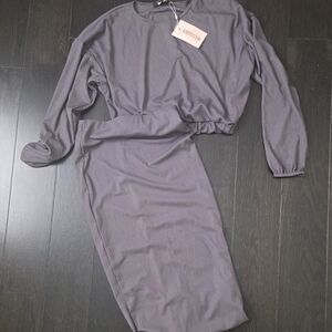 Gray Long Sleeve 2 Piece Skirt Set